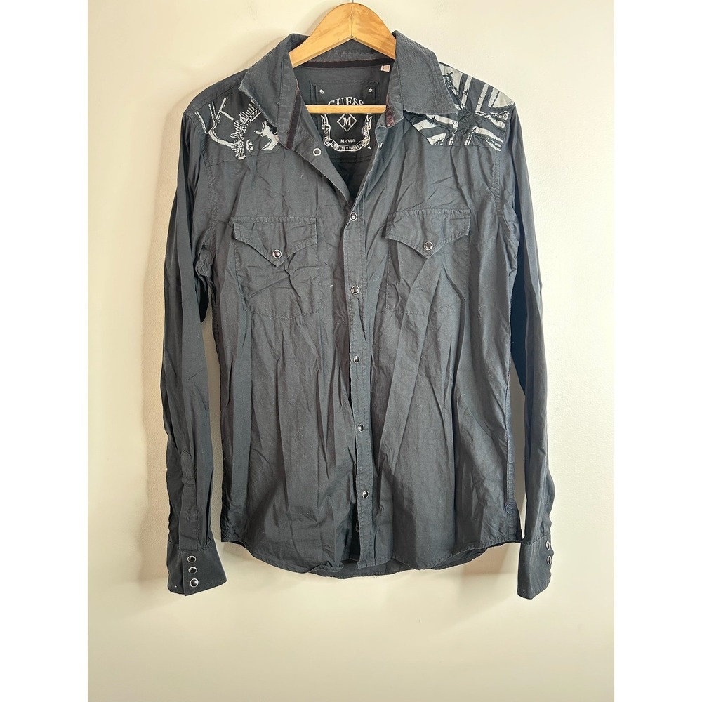 VTG Y2K Guess Black Western Graphic Pearl Snap Button Shirt Mens M Grunge